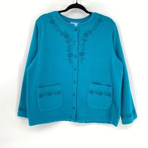 VTG Blair Teal Floral Embroidered Button Cardigan Sweater Women's Medium Grandma